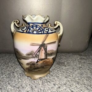 Nippon M-in-Wreath 5 3/8" Vase Amphora Shape 2 Gold Handles HandPainted Windmill